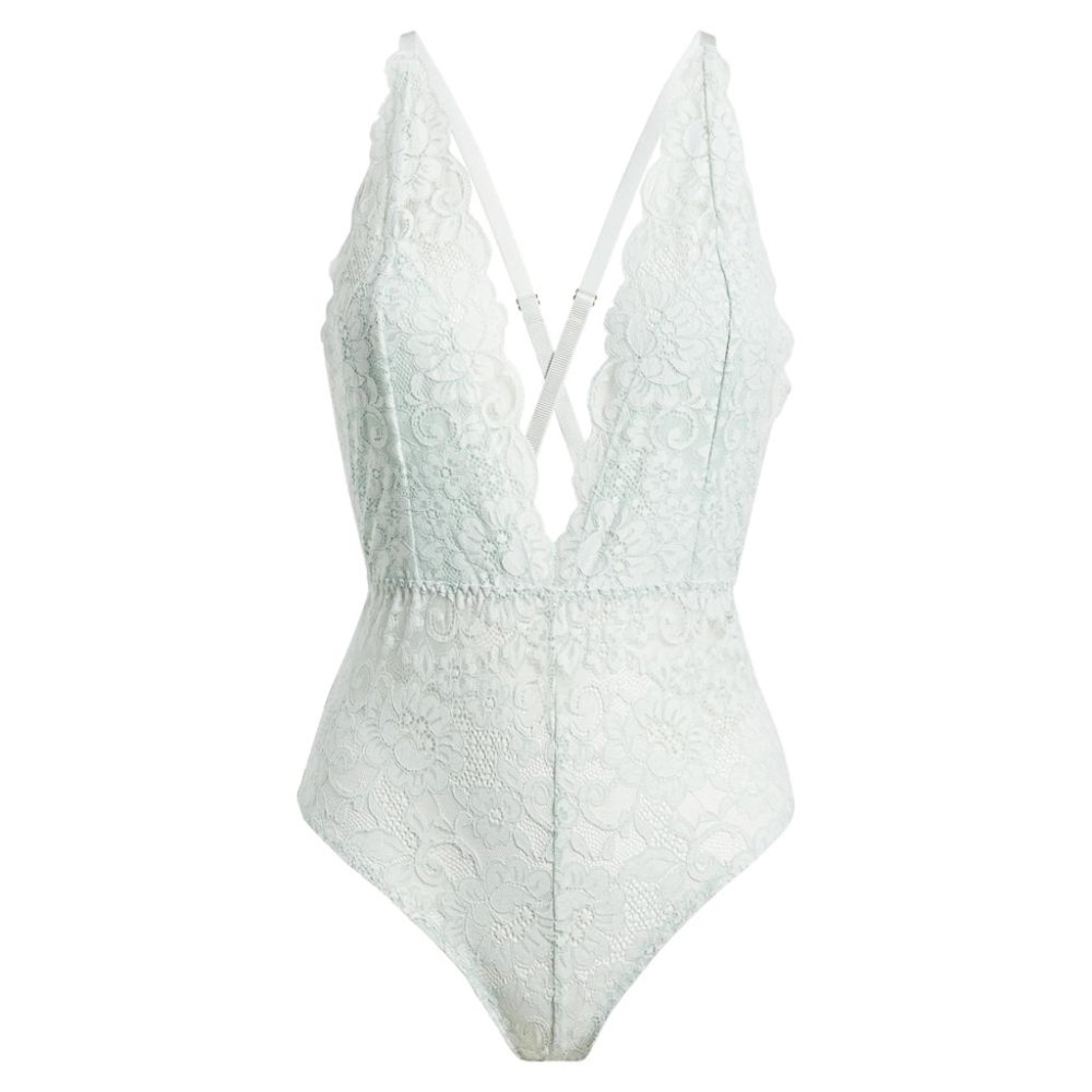 We Are HAH- Lace Plunge V-Neck Bodysuit in Light Mint